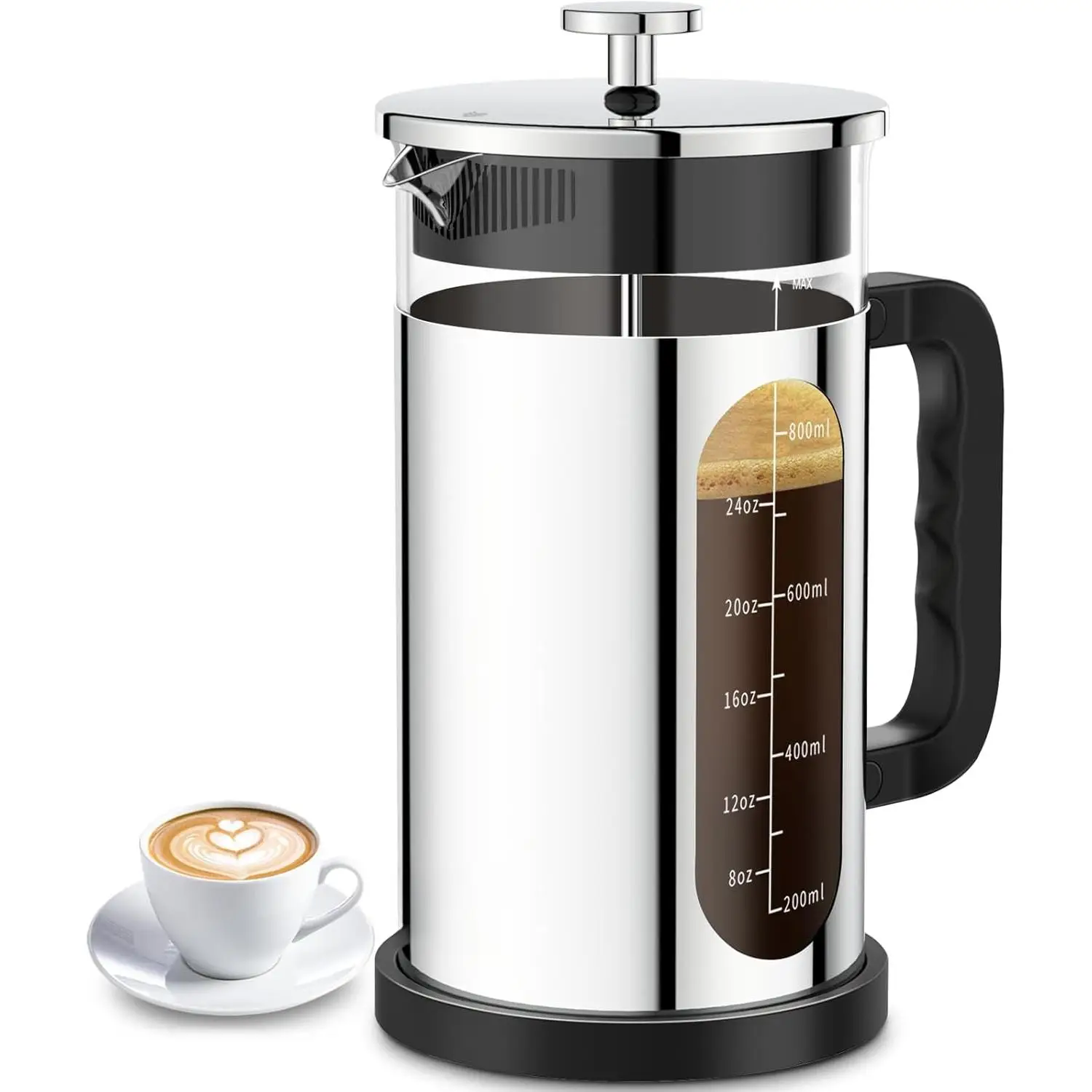 Cold Brew Maker with 4 Filters, 304 Stainless Steel - 34oz Silver French Press for Daily Iced Coffee Lovers
