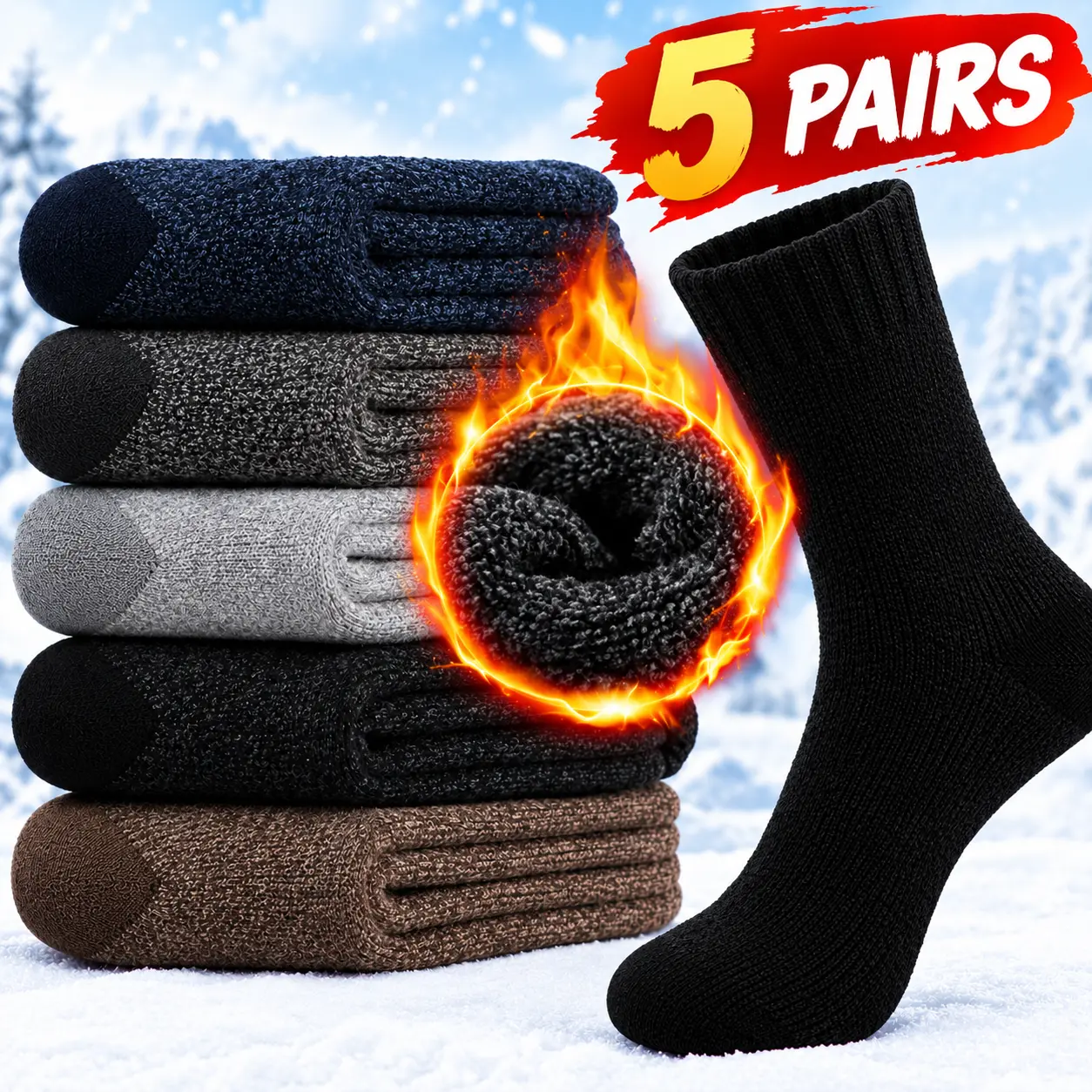 5 Pairs Men's Thermal Winter Socks, Cozy Warm Wool Blend Crew Socks for Hiking, Fishing, Hunting, Work & Daily Wear, Ribbed Cuffs, Thick Cushioned, Cold Weather Boot Socks