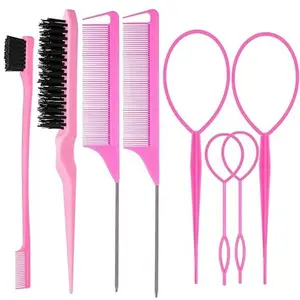 8Pcs Hair Brushes Set with 4Pcs Topsy Hair Tail Tools 1Pcs Bristle Teasing Hair Brush 1Pcs Edge Control Brush 2Pcs Metal Pin Rat Tail Combs for Woman Girl Hair Styling,Edge&Back Brushing Pink
