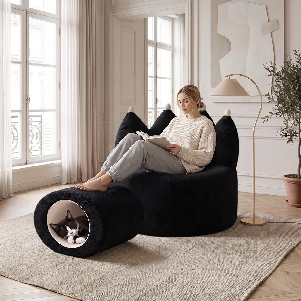 Adult lounge sofa chair with cat cave ottoman, no assembly required, rolled packaging, couch for shared use by humans and pets, cozy upholstered seat for apartment bedroom reading corner, small home resting and indoor relaxing