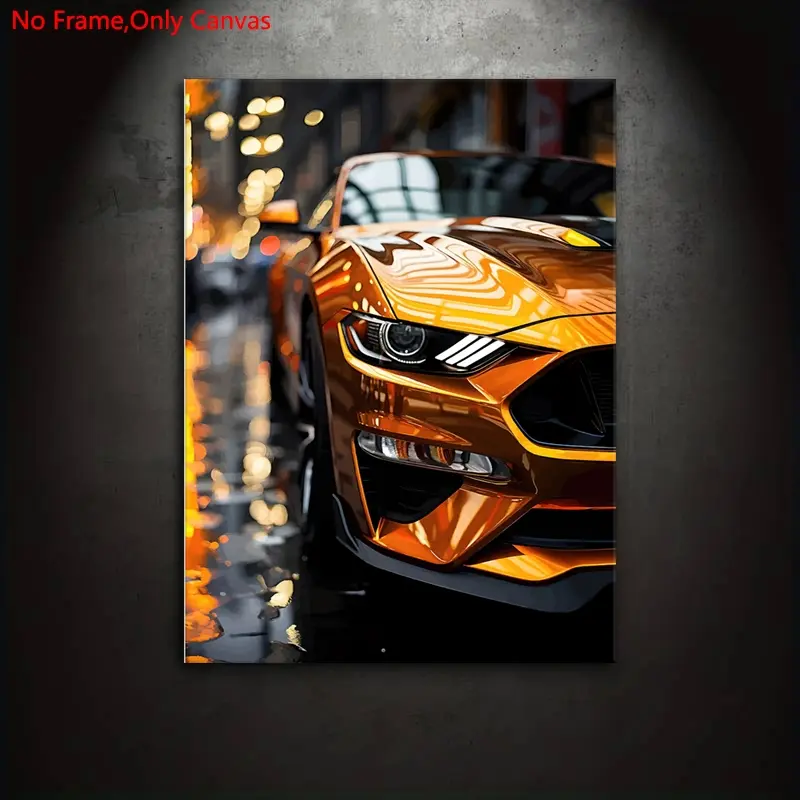 1 Piece/Set Frameless Canvas Painting Print Poster,Classic Digital Realistic Vehicle Pop Art,Golden Mustang,Perfect Gift for Muscle Car Lovers,Ideal for Bedroom,Study,Office,Living Room,Wall Decoration, Decoration Items, Art Work For Wall Decor