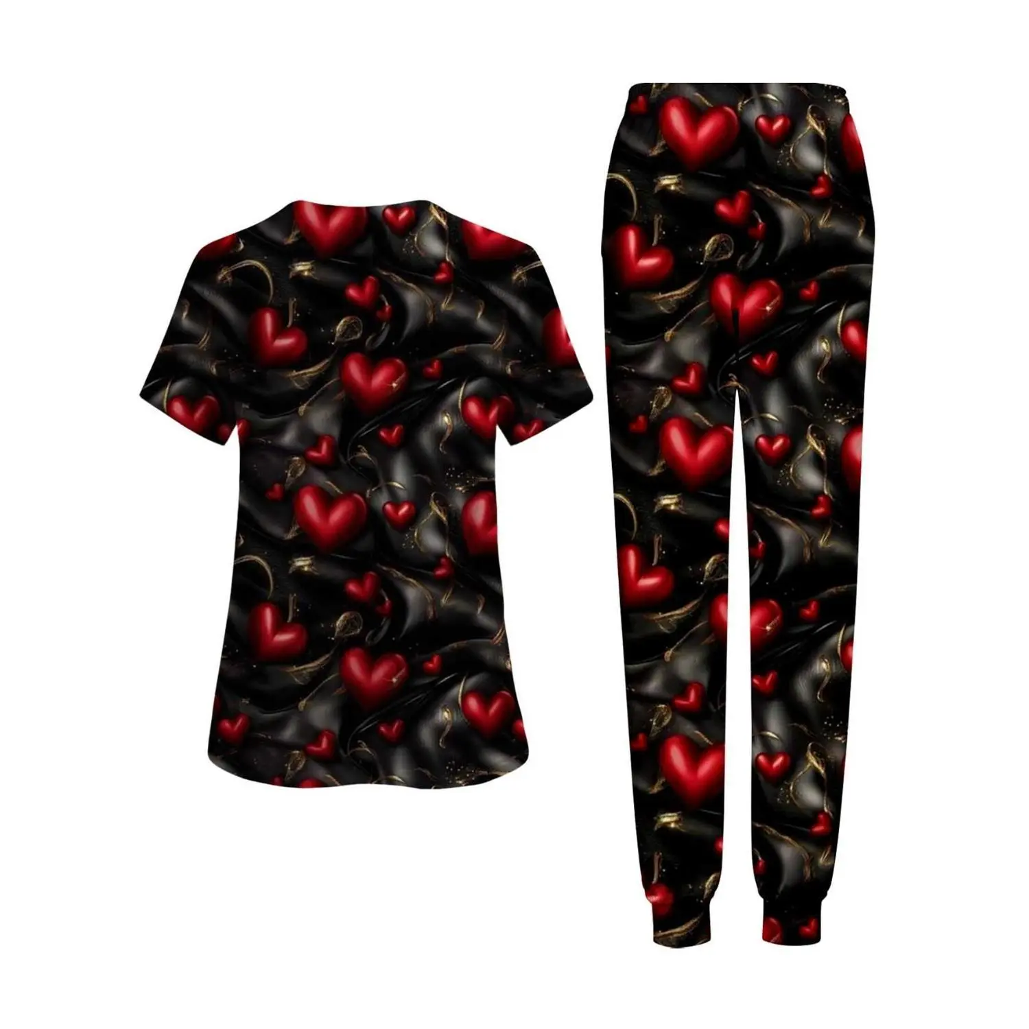 Women's Two-Piece Red Hearts V-Neck Top and Pants Set – Perfect for Valentine's Day or Everyday Charm