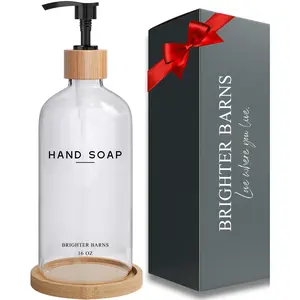 Glass Hand Soap Dispenser Bathroom Set by Brighter Barns - Hand Soap Dispenser for Kitchen Sink & Bathroom - Bathroom Soap Dispenser Set - Neutral Home Decor for Airbnb, Vacation Rental, Hotel (Clear)