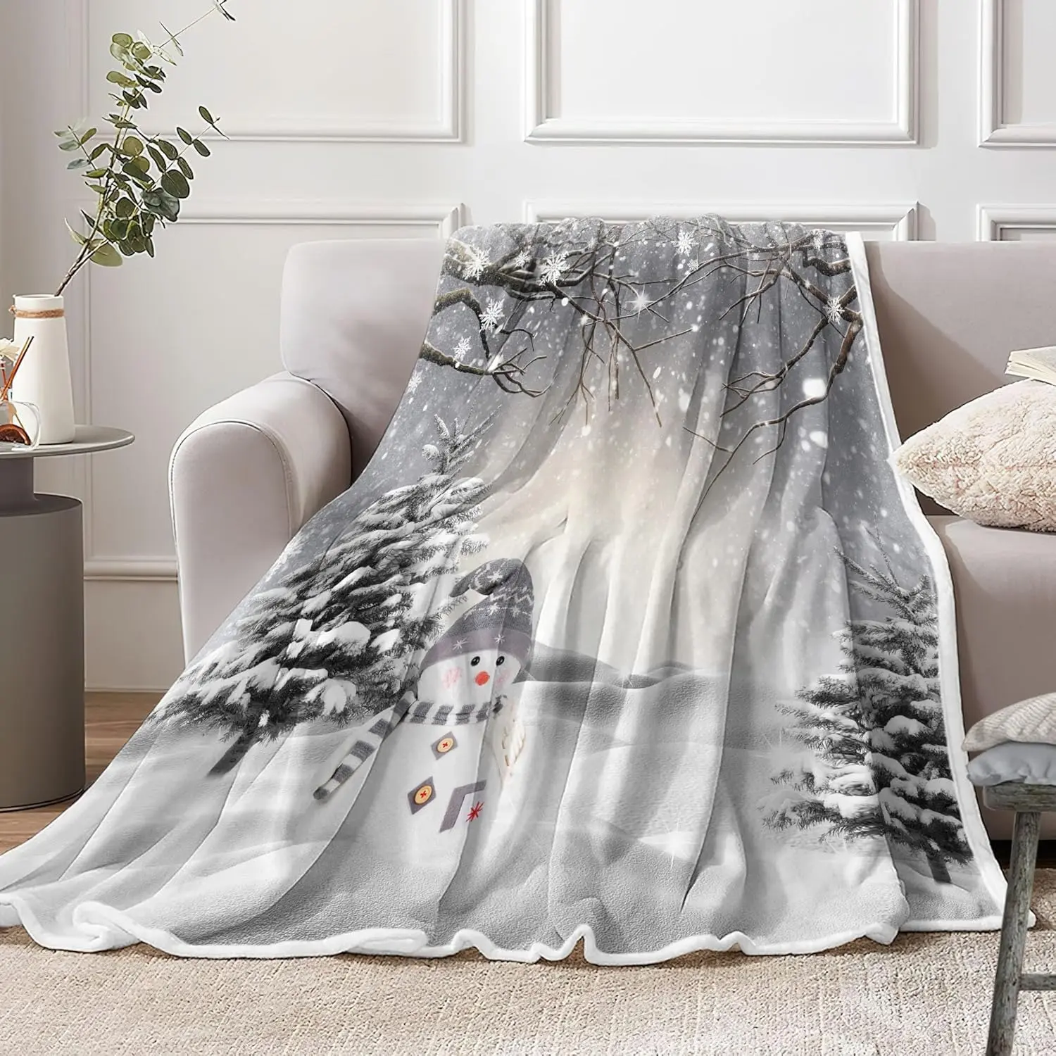 Christmas Throw Blanket, Winter Snowman Snowflake Christmas Fleece Blanket, Xmas Trees Soft Plush Warm Cabin Throw for Couch Sofa Bed Decor 50" x 60"