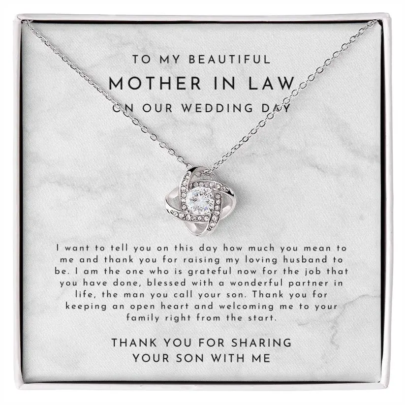 To my Mother In Law Gift on our wedding day.Love Knot Necklace for Mother-in-Law - 14k White Gold Plated Cubic Zirconia Pendant Adjustable Chain 18-22" Gift Boxed