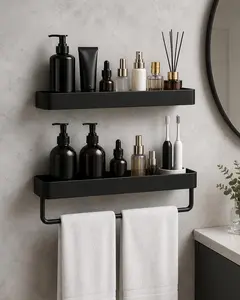 No-Drill Adhesive Bathroom Wall Shelf with Towel Bar, Waterproof Storage Organizer Rack for Bathroom Use