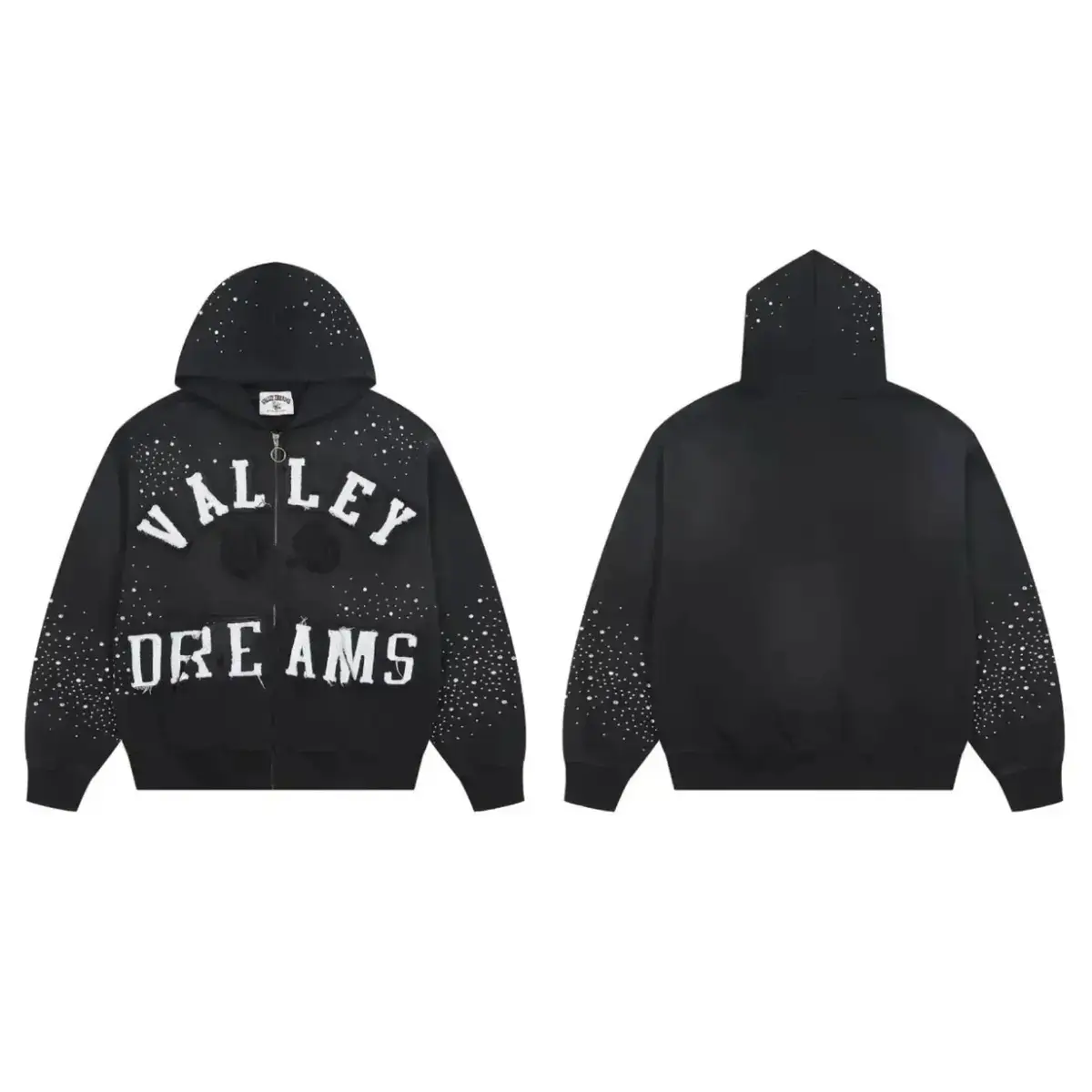 VALLEY DREAMS Rhinestone Star Splatter Distressed Patch Zip Up Hoodie 100% Cotton Loose Oversized Y2K Hooded Sweatshirt Autumn Winter Streetwear Jacket Top Men Women Unisex
