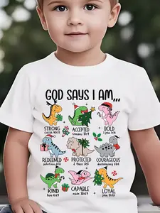 Toddler Boys "God Says I Am..." Christmas Dinosaur Graphic T-Shirt, Soft Cotton Short Sleeve Tee, Christian Faith & Holiday Themed Casual Top