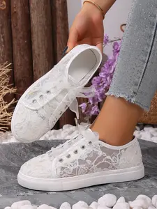 Women's Round Toe Flat Shoes, Low Top Mesh Sneakers, Fashion Lace-Up Breathable Hollow Out Canvas Shoes, Outdoor Casual Footwear
