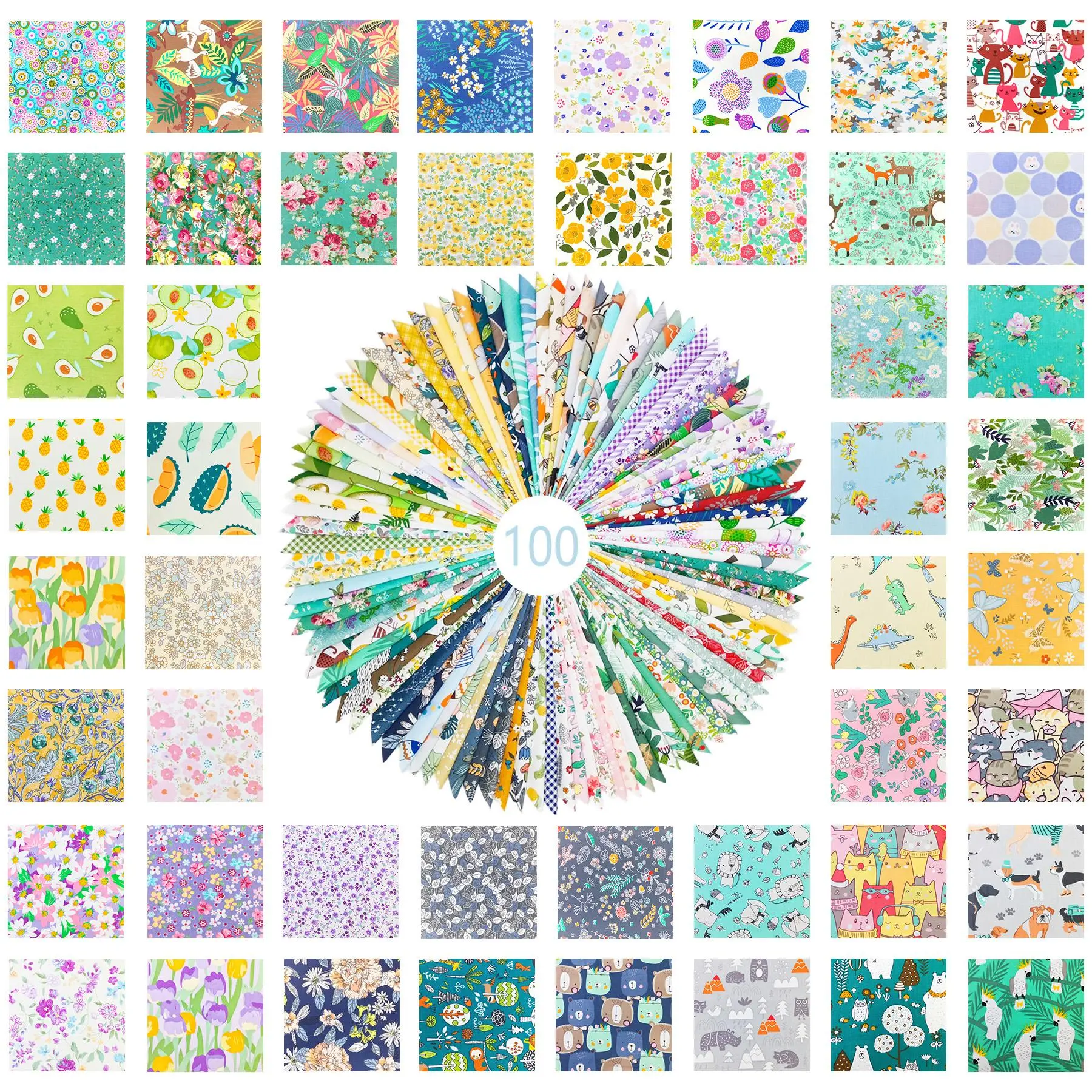 Various Patterns Woven Fabric, Boho Floral Pattern, 100pcs Floral Printed Patchwork Sewing Fabric for Beginners, DIY Supplies for Home Decor
