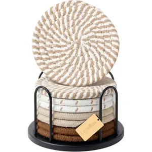 8PCS Absorbent Woven Drink Coasters Set with Holder, 4in Non-Slip Heat-Resistant Table Protectors, Tableware for Coffee Tables, Wooden Surfaces