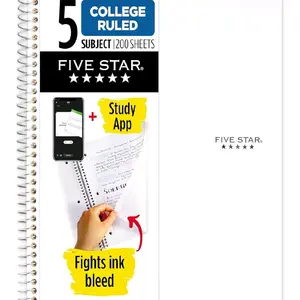 Five Star Spiral Notebook + Study App, 5 Subject, College Ruled Paper, 8-1/2" x 11", 200 Sheets, Fights Ink Bleed, Water Resistant Cover, White (72460)