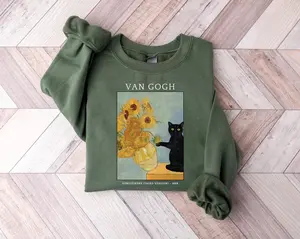 Van Gogh Cat Sweatshirt, Van Gogh Black Cat Sweater, Cute Black Cat Shirt, Funny Cat Long Sleeve, Cat Lovers Gift, Gift For Her, Trendy Shirt