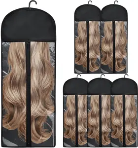 6Pcs Extra Long Hair Extension Holder Wig Storage Bag with Hanger Wig Storage for Multiple Wigs Holder Dust-Proof Portable Suit, Home Salon Travel Accessories, Black