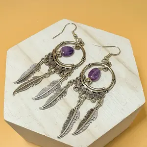 Handcrafted by Rita Amethyst Earrings with silver Dreamcatcher charm