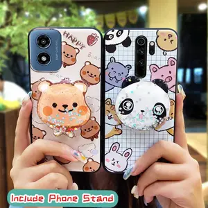phone lens protection Durable Phone Case For MOTO G Play 2024/4G/5G Dirt-resistant quicksand Waterproof TPU cute Skin feel silicone Rotatable stand protective Cartoon Kickstand