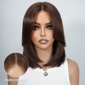 Jessie's Wig [Chloe] Brown/Black Color Curtain Bangs Layered Italian Bob Hairstyle 7X5 Bob Pre Cut Lace Glueless Wig With Bangs For Women