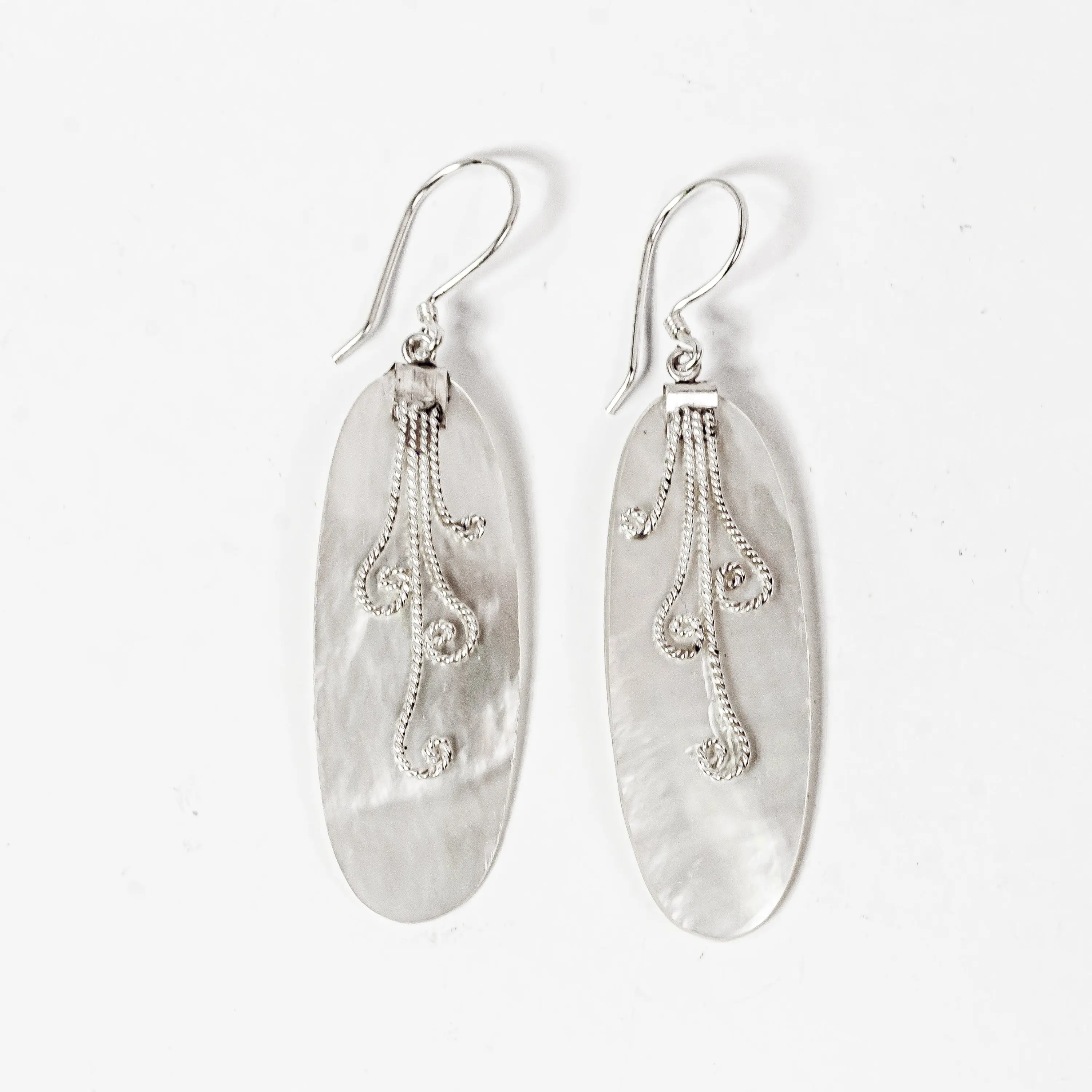 Bali Handmade Elongated Oval Mother of Pearl Earrings - 925 Sterling Silver Artisan Jewelry