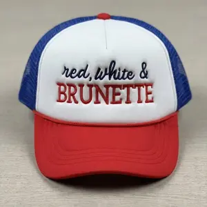 Red White & Brunette Trucker Hat for Women, Patriotic 4th of July Hat, Memorial Day Baseball Cap, USA Independence Day Outfit Accessory, Adjustable Mesh Snapback Summer Country Concert Hat