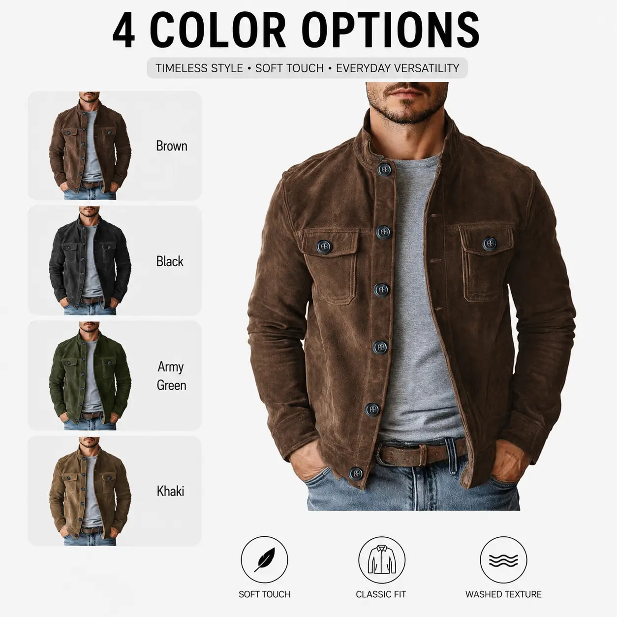 Men’s Vintage Washed Stand Collar Jacket, Premium Soft Brushed Button Front Coat with Chest Pockets, Durable Casual Streetwear Outerwear for Fall Winter, Versatile Everyday Work Travel Style
