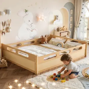 Queen Size Floor Platform Bed with Full-length Guardrails, Low Profile Queen Bed Frame for Kids, No Box Spring Needed, Natural