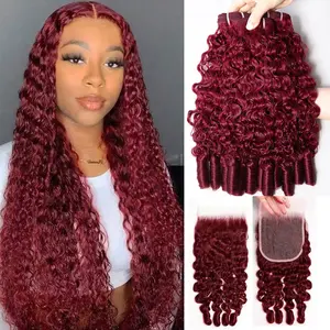 99J Burmese Curly Bundles With 5x5 Closure 100% Human Hair Extensions Burgunday Red Color Raw Curly Hair Bundles Weaving 5x5 HD Lace Closure With Bundles Remy Hair