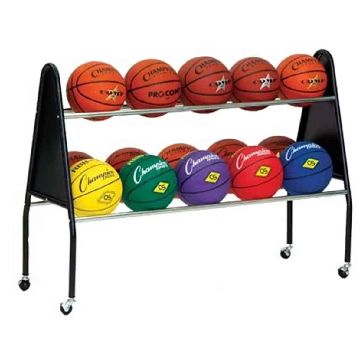 CHAMPION Sturdy Metal Basketball Ball Rack Organiser, Heavy-Duty Chrome Steel Sports Equipment with Solid Triangular Ends, 51" L x 18" W x 38" H, 12.76 lbs, Wide Base to Prevent Tipping, Holds 15 Basketballs, Black