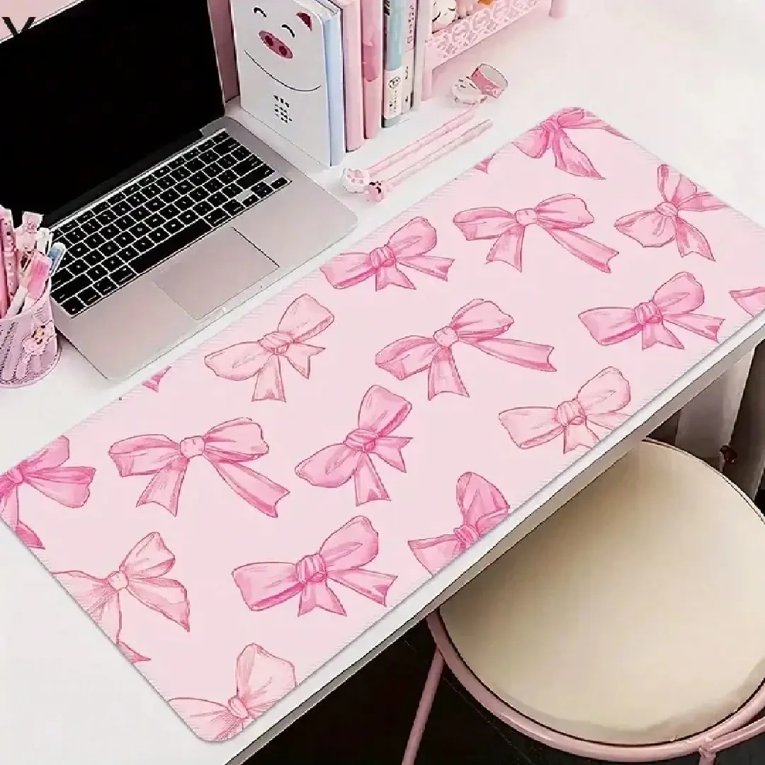 Cute Pink Bow Mouse Pad Non Slip Mousepad Large Keyboard Desk Pads Desk Mats Aesthetic Desk Accessories Computer Desk Mat 900x400mm Playmat Non-slip Rubber Base Washable Rug for Office and Home Use