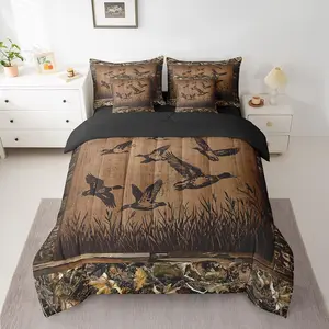 Mallard Duck Bedding Set,Hunting Fishing Theme Comforter Set with Sheets,7 Piece for Boys Girls Teens,Cabin Farmhouse Bed in A Bag,Vintage Leaves