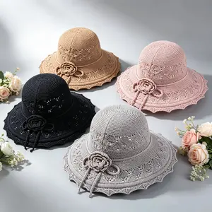 Vintage Romantic Floral Sun Hat - Elegant Wide Brim Lace Crochet Beach Hat - Trendy Cottagecore Aesthetic Summer Accessory - Ideal Gift for Her - Stylish Sun Protection Foldable Cap for Weekend Getaway
