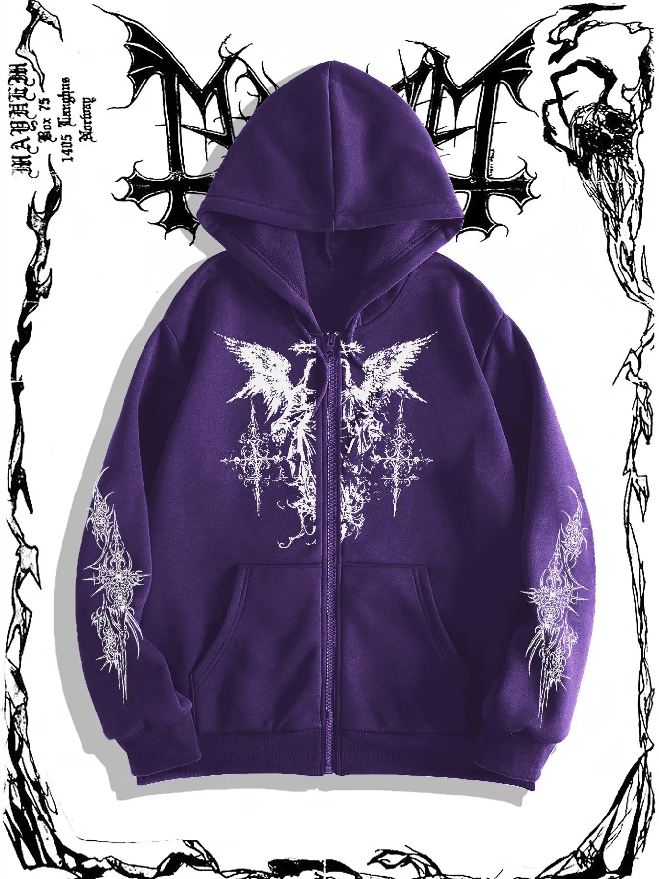 Men's Angel Wing Print Zip Up Hoodie, Regular Fit Casual Street Long Sleeve Hooded Sweatshirt for Daily Wear, Men's Clothes for Fall & Winter, Tops