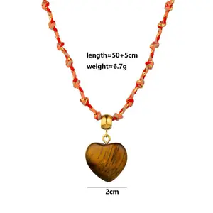 Collar de cordon y charm de corazón de piedra natural ojo de tigre chapado en oro 18k
