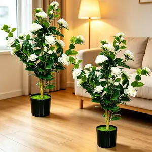 2-Pack 3FT Artificial Camellia Trees, Potted Flowering Fake Plants for Indoor/Outdoor Home, Office, Wedding & Party Decoration