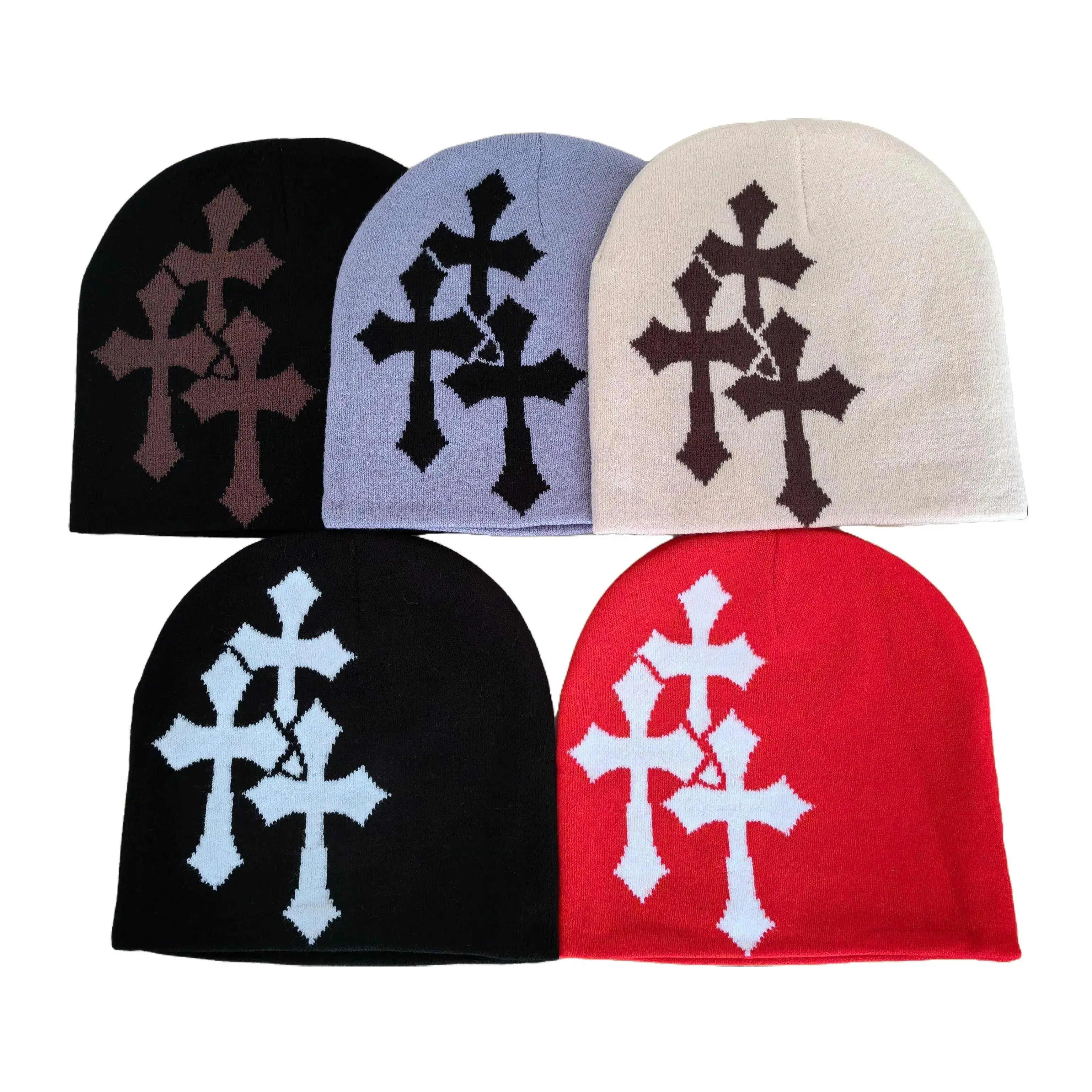 Y2K Knit Beanie Cross-Design Bean Hat Soft Stretch Fabric Unisex