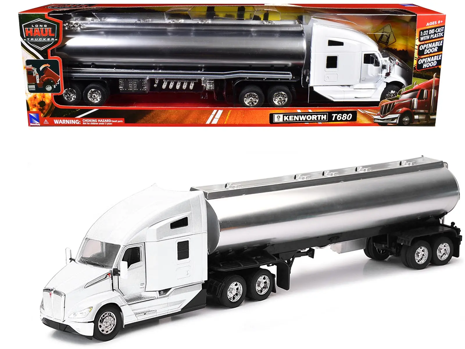 Kenworth T680 Truck White with Oil Tanker Trailer Chrome "Long Haul Trucker" Series 1/32 Die Cast Model by New Ray