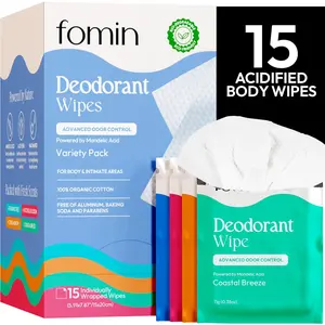 Fomin AHA Deodorant Wipes – 15 Individually Wrapped Acidified Body Wipes with Mandelic Acid – Portable Feminine & Body Freshening Wipes for School, Travel, Gym & On-the-Go Hygiene