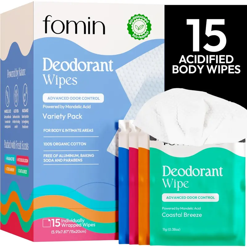 Fomin AHA Deodorant Wipes – 15 Individually Wrapped Acidified Body Wipes with Mandelic Acid – Portable Feminine & Body Freshening Wipes for School, Travel, Gym & On-the-Go Hygiene