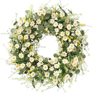 White Daisy Wreath 24 Inch with Fake Silk Floral Green Eucalyptus Leaves and Lavender for Spring Summer Front Door Window Wall Wedding Farmhouse Festival Decor