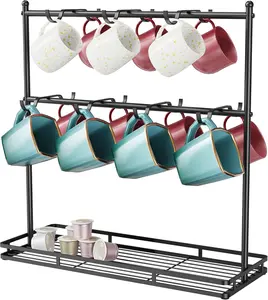 Countertop Coffee Mug Holder - 14-Hook Mug Tree Rack for 14 Cups, featuring a 2-Tier Mug Display Stand with a sturdy metal base.