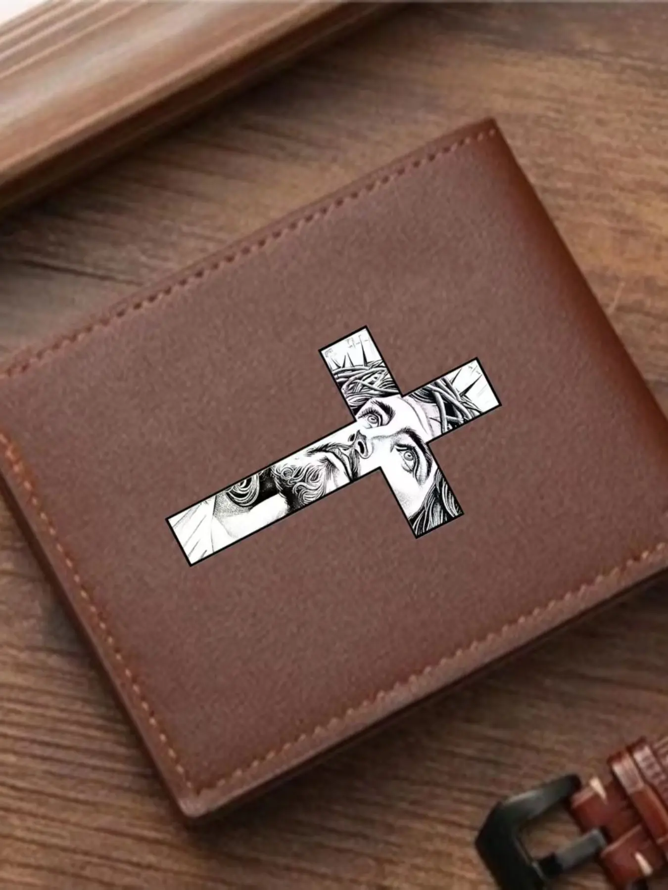 Religious Art Cross Jesus Leather Wallet, Vintage Style Wallet, Men's Vintage Faith Short Wallet, Durable First Layer Cowhide, Multi-Card Large Capacity Card Holder
