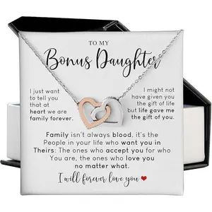 To My Bonus Daughter Necklace, Interlocking Hearts Design, Step Daughter Gifts from Stepmom, Birthday & Christmas Gifts for Bonus Daughter NL028