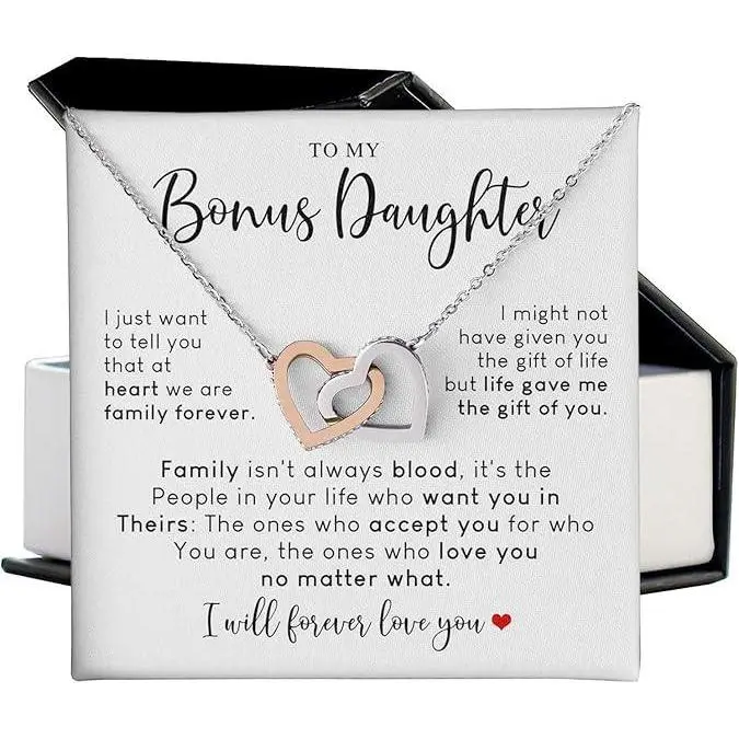 To My Bonus Daughter Necklace, Bonus Daughter Gifts From Stepdad, Interlocking Hearts Necklace, Step Daughter Gifts From Stepmom, Step Mother Daughter Gifts, Birthday, Christmas Gifts For Bonus Daughter