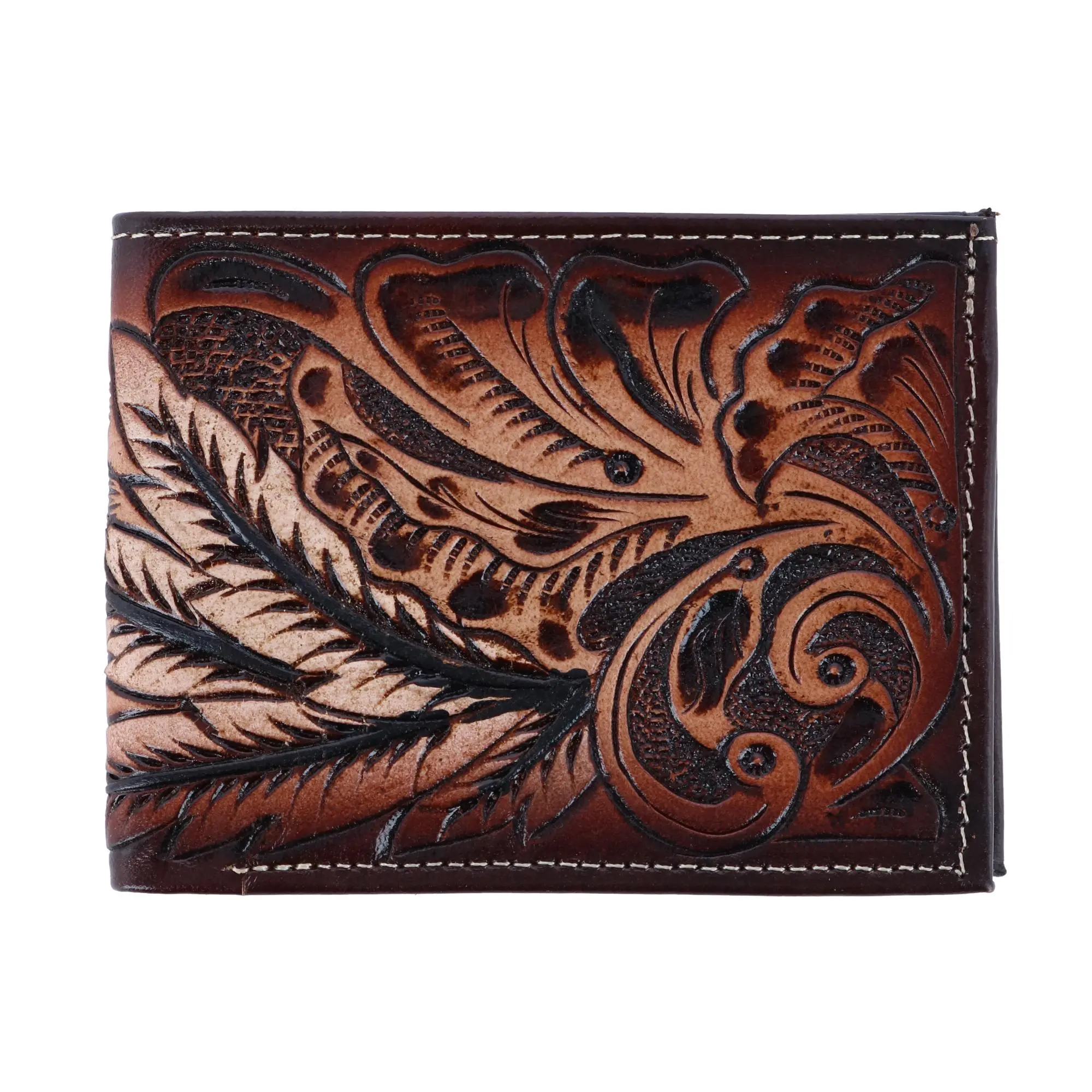 CTM Men's Feather Tooled Leather Durable Bifold Wallet - Casual Style with Flap, Suitable for Bifold/Trifold Wallet Preferences, Feathers, Multi-Compartment