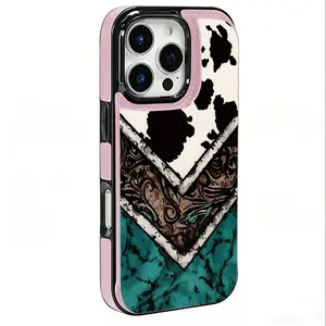 Western Vintage Turquoise Cow Print Style Phone Case for iPhone 17 AIR 17 PRO 16 PRO15 PRO MAX 14 PLUS 13 PRO 12 11 PRO XS MAX X XR Plus and Samsung Galaxy S22 to Galaxy S25 PLUS Ultra Shockproof Protective Cover Full Protection Anti-Drop