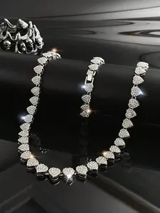 Full Rhinestone Heart Cuban Hip Hop Chain Necklace Bracelet, Sparkling Jewelry for Trendy Fashion Lovers, Perfect Gift for Any Occasion
