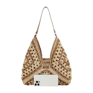 New Fashionable Handmade Woven Bag Versatile Paper Rope Crochet Straw Shoulder Bag for Beach & Vacation Style Lightweight Functional Summer Accessory