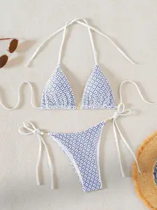 Swim Mod Women's Allover Print Halter Neck Tie Sexy Bikini Set For Holiday Beach Swimming,Summer Beach Halter Bikini Swimsuit