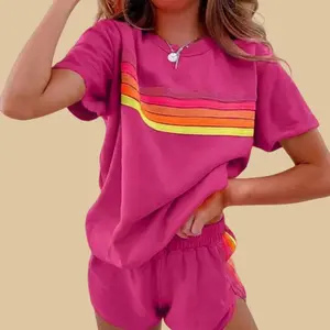 Casual Versatile Rainbow Sports Suit Women Short Sleeve 2 Piece | Trendy Rainbow Print Sports Suit Short Sleeve Two Piece Outfit | Soft Skin Friendly Sports Suit Rainbow Short Sleeve 2 Piece sweatsuit