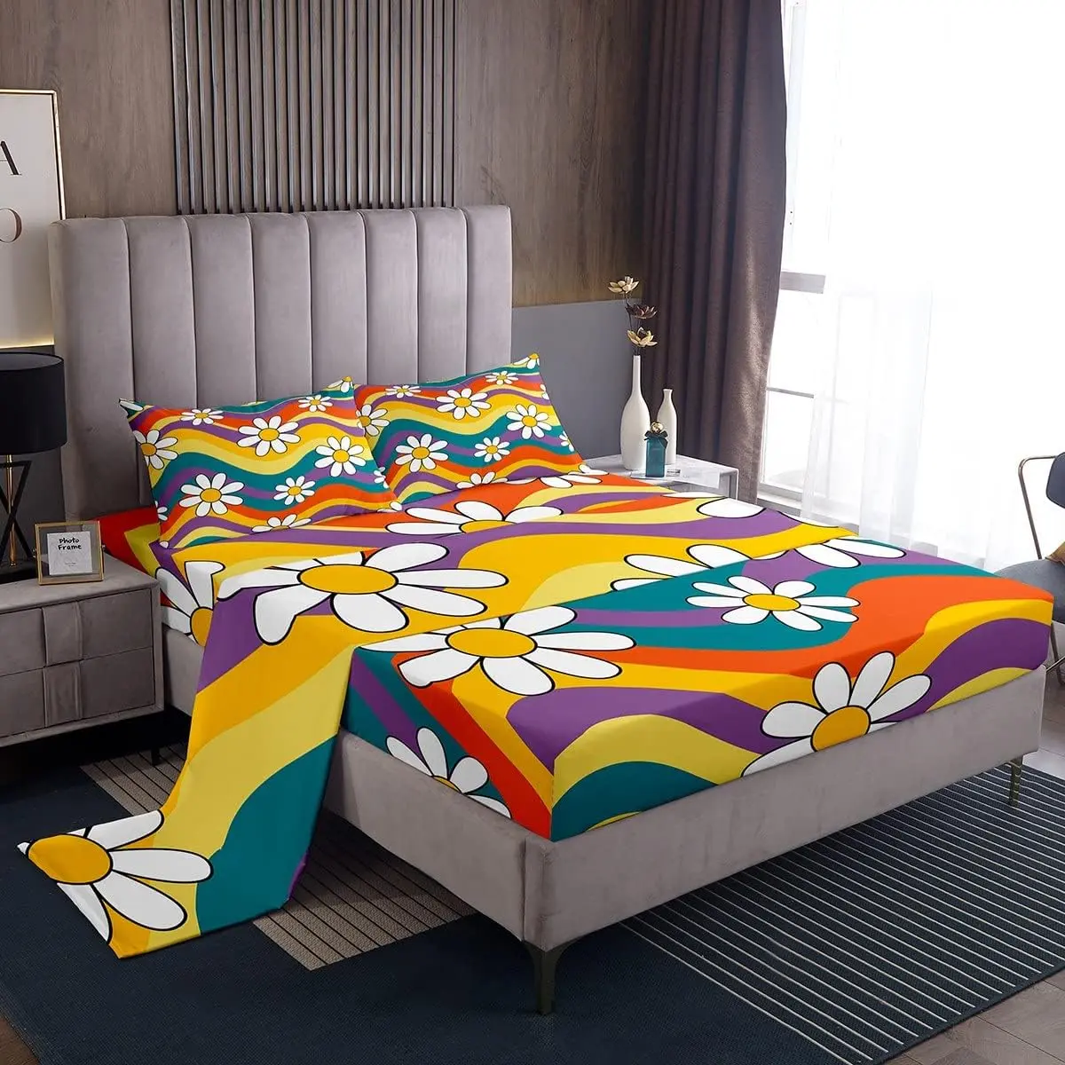 Feelyou Hippie Rainbow Floral Bedding Sheet Set - Durable Soft Bedding Supplies, Retro Boho Design, Deep-Pocket Fitted Sheet, Easy-Care Luxury Linens, Breathable Durable Sheets, Soft Breathable Sheet