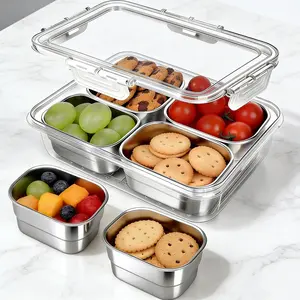 Snackle Box Container with 4 Removable Stainless Steel Trays | Leak-Proof Divided Serving Tray for Fruit, Veggie, Candy – Ideal for Beach, Picnic & Lunch